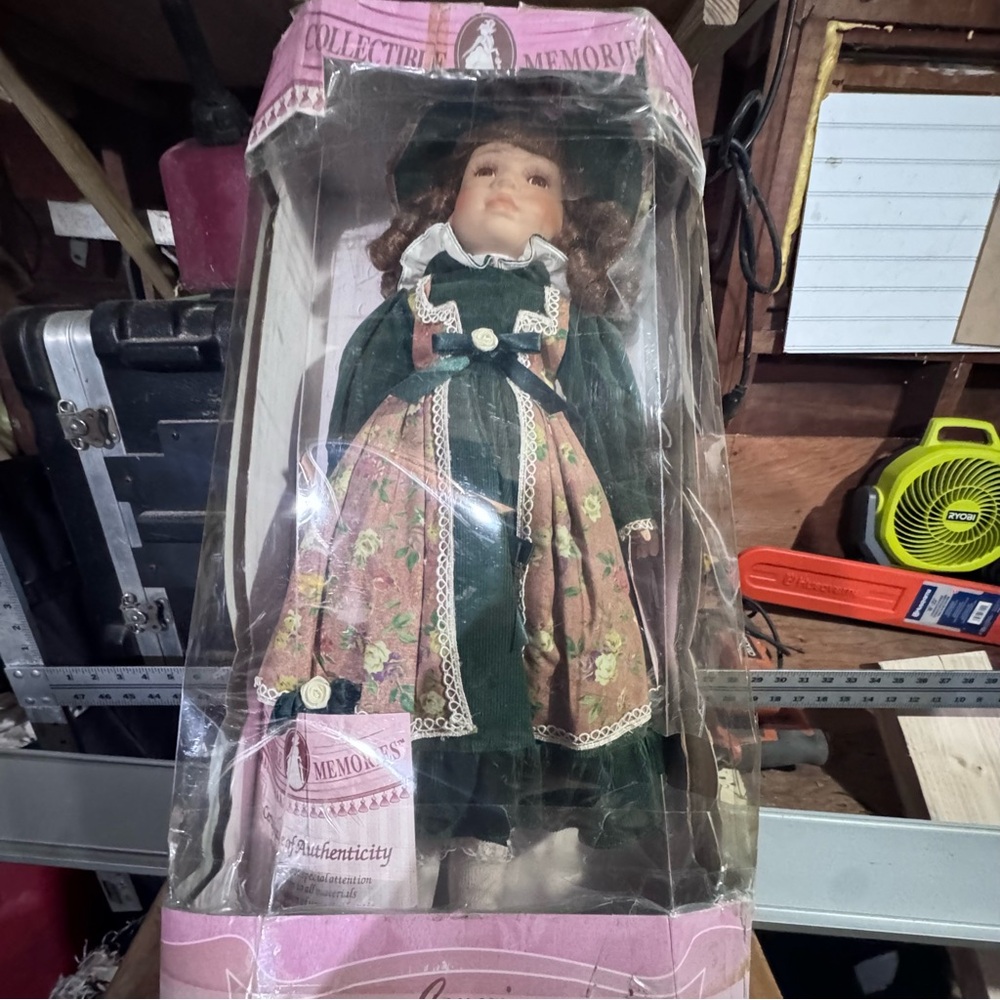 Green and Pink Porcelain Victorian Doll with Accessories